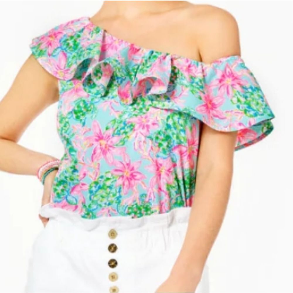 Lilly Pulitzer Surf Blue So Shellegant Zeldie One Shoulder Women's top XXSmall